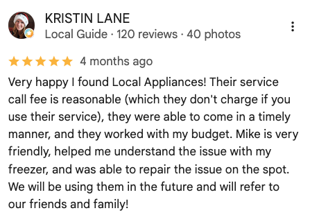 Local Appliance Repair Pros review from Kristin Lane