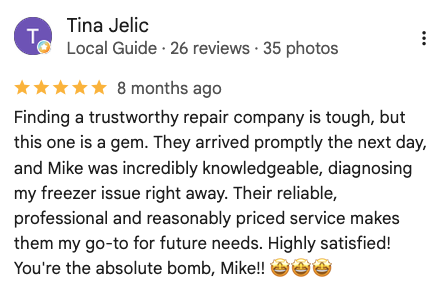 Local Appliance Repair Pros review from Tina Jelic