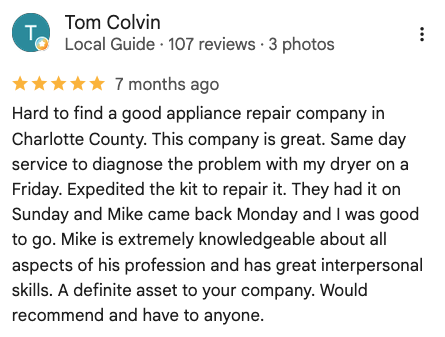 Local Appliance Repair Pros review from Tom Colvin